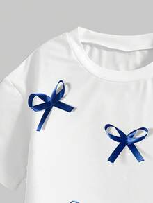 Tween Girl Bow Graphic Print Long Sleeve Top And Cargo Pants Set - White - View 3