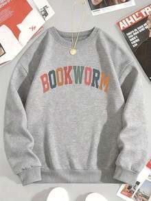 Trenfashion Women's Heather Grey Oversized Crewneck Sweatshirt With 'Bookworm' Retro Color Block Arc Print, Bookish Aesthetic Casual Pullover For Women Crewneck Sweatshirt Bookworm Colorful Text Print Casual Wear For Reading Lovers And Book Enthusiasts Unisex Plus Size Sweatshirts - 灰色 - 查看 2