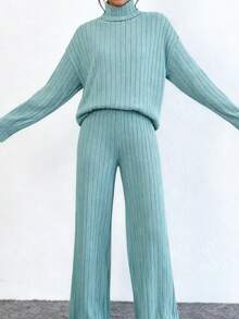 Women's Turtleneck Ribbed Knit Sweater And Wide Leg Pants Set, 2 Piece Outfit For Fall Winter, Loose Fit Casual Loungewear Tracksuit, Matching Set For Daily Wear - 藍色 - 查看 1