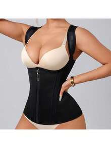 Corset modelator pentru femei | Bretele reglabile pentru umeri și suport cu țesătură osoasă | Lenjerie modelatoare cu compresie dublă, închidere cu fermoar | Material latex neted, negru, la modă | Vestă modelatoare pentru abdomen, îmbunătățește silueta și talia, articol vestimentar modelator | Etanșare sigură cu fermoar | Lenjerie modelatoare abdominală - Negru - Vizualizare 7