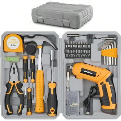 42pc 4V USB Electric Power Driver And Household Tool Kit. Cordless Power Screwdriver And Hand Tools In A Compact Box Case