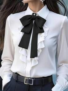 Áo sơ mi dài tay nữ thanh lịch với chi tiết nơ bèo nhún - Màu trơn, tay dài, thiết kế cài nút phía trước, phù hợp cho công sở và mặc thường ngày, áo sơ mi thường ngày | Áo kiểu thanh lịch | Chi tiết nơ bèo nhún màu trắng mùa xuân - trắng - Xem 2