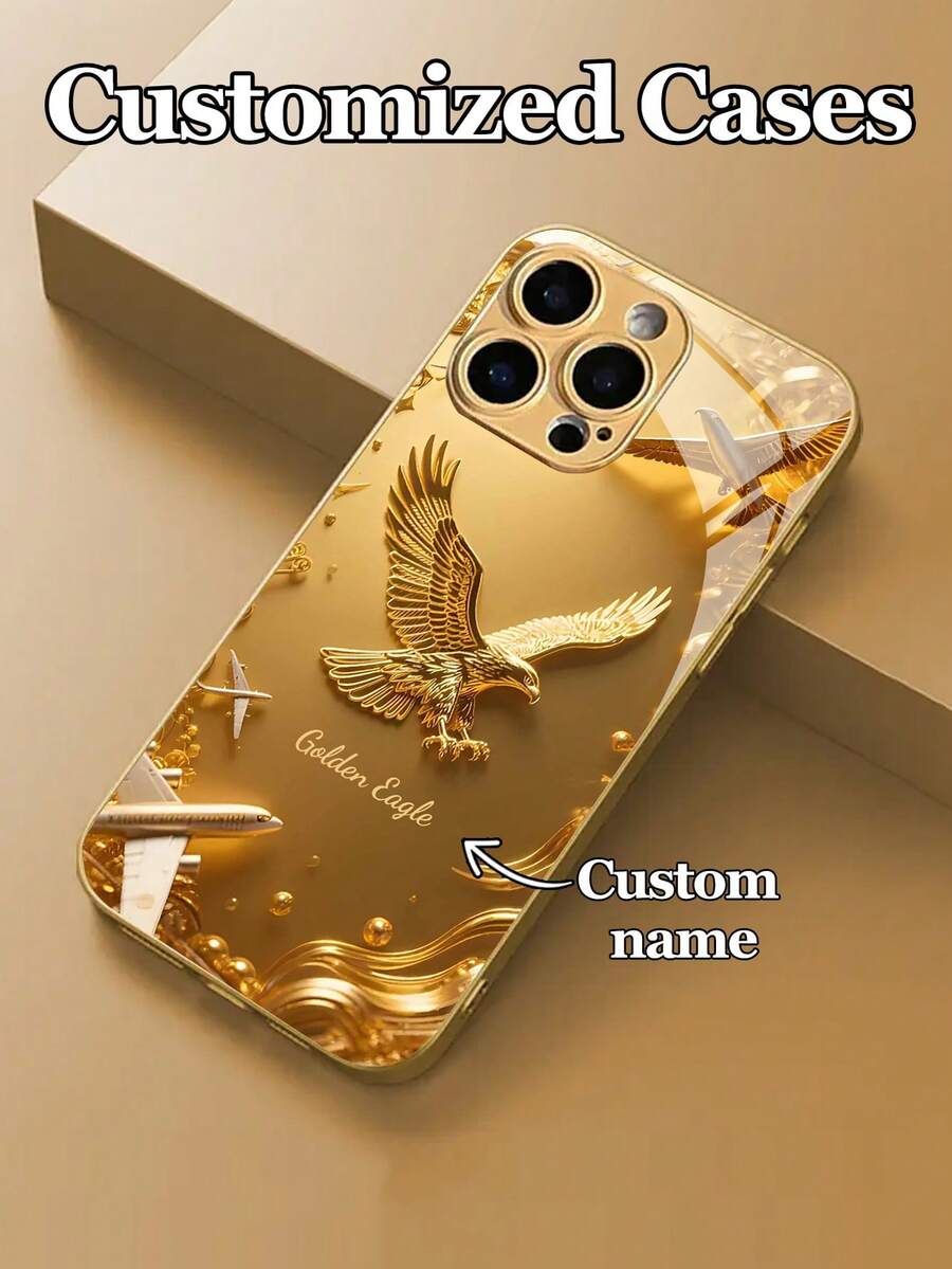 1pc Customizable Personalized Text With Luxury Gold Eagle Design Tempered Glass Phone Case, Compatible With Iphone 17 Pro Max/17 Air/16 Plus/15/17/13/12/11/XS Max/6 7 8 Plus, S25 Edge/S20/24 Plus/S23 FE/S21 Ultra, Fashion High-Definition Printing, Decorated With Gorgeous Gold Floral Pattern And Gold Aircraft Element, Best Gift For Friends, Classmates, Girlfriends, Brothers, Family - Gold - View 1
