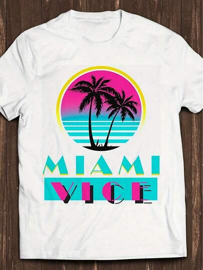Miami Vice Retro Graphic T-Shirt For Men - Bold Neon Palm Tree & Sunset Design, 80s-Inspired Casual Tee, Machine Washable Short Sleeve Round Neck Top For Casual Outfits