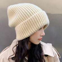 1pc Ladies Multi-Color Chunky Knit Korean Knitted Piled Cap, Fall/Winter All-Match Beanie Hat For Warmth, Ear Protection And Loose Fit, Cold-Proof Hat - 黑色 - 查看 7
