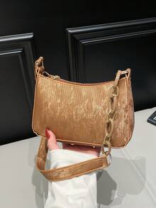 Bolso de hombro y axila en forma de media luna con estampado minimalista de piel de serpiente de moda - Marrón - Ver 7