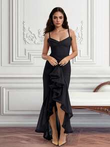 Đầm Maxi Dài Tay Xếp Ly Viền Ren Thanh Lịch Màu Trơn, Đi Biển - màu đen - Xem 2