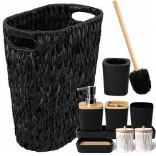 YESagoodShop Bathroom Set Black Trash Can  9 Piece Decor Toothbrush Holder Cup Lotion Dispenser Tray Soap Dish Toilet Brush Qtip 1763699629789 - 藤編浴室套裝 - 查看 1