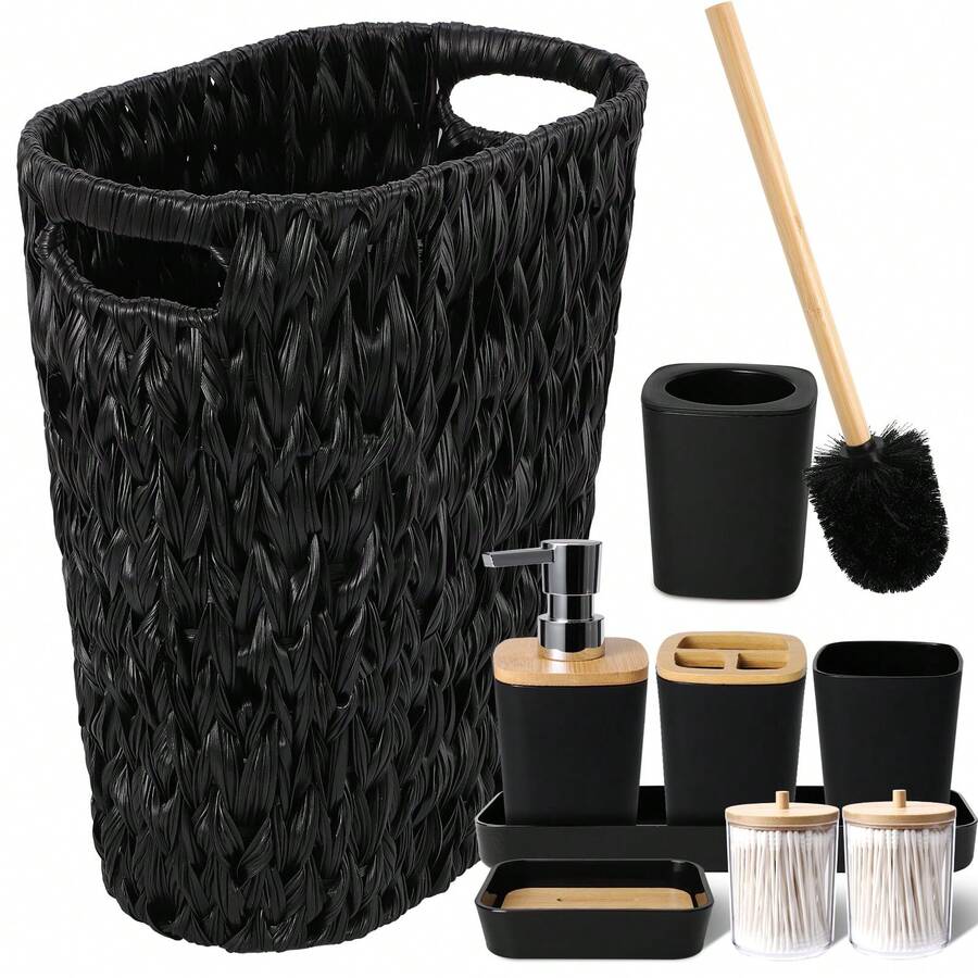 YESagoodShop Bathroom Set Black Trash Can 9 Piece Decor Toothbrush Holder Cup Lotion Dispenser Tray Soap Dish Toilet Brush Qtip 1763699629789 - 藤編浴室套裝 - 查看 1