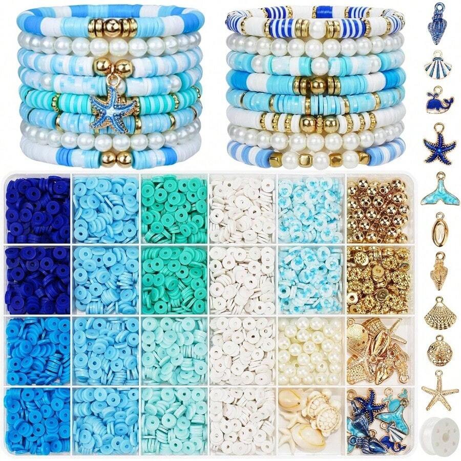 Beads Bracelets, Clay Beads Bracelat Making Kit Golden Beads Crafts Stocking Stuffers Decorations Charms Jewelry Making, Gifts Teen Age 6 - 12 - Giấc mơ xanh thẳm - Xem 1