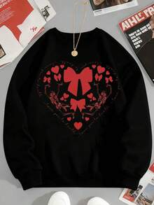 Heart Print Long Sleeve Sweatshirt With Bow And Skeleton Design For Women Valentine's Day Casual Wear Black Top - 黑色 - 查看 2