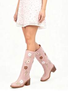 Western Boots For Women Flower Embroidery Mid Calf Boots Square Toe Chunky Block Heel Knee High Boots Low Heel Long Boots For Women Comfortable Casual Cowgirl Western Boots For Women Comfort Country Walking Shoes - Hồng - Xem 5