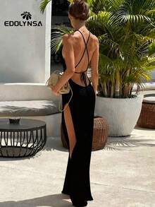 黑色针织露背透视开衩吊带裙性感泳装罩衫沙滩装连衣裙夏季 - 黑色 - 查看 5