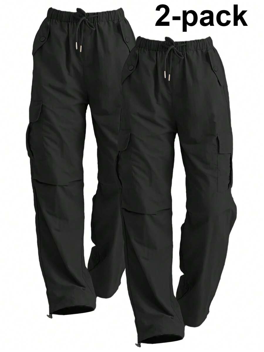 2-Pack Women's High-Waisted Wide-Leg Cargo Pants - Loose Fit Elastic Drawstring Sweatpants For Hiking & Athletic Wearn - 黑色和黑色 - 查看 1