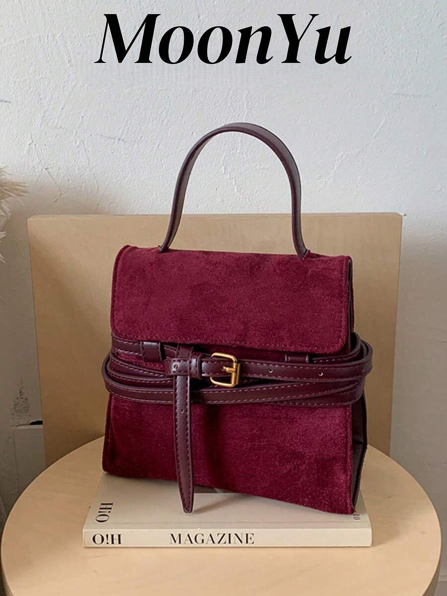 Sac à main carré élégant et minimaliste de style vintage bordeaux, sac bandoulière convenant aux femmes, filles, étudiantes, pour le shopping et les déplacements - Rouge foncé - Voir 1