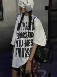 圆领短袖T恤，夏季新款字母印花，时尚休闲宽松女式上衣 - 白色 - 查看 1