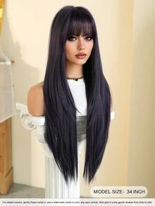 32 Inch Purple Straight Layered Wig With Bangs - Soft Heat Resistant Synthetic Wig, Suitable For Women's Daily, Festival, Party, Christmas And Cosplay Occasions - Purple - View 3