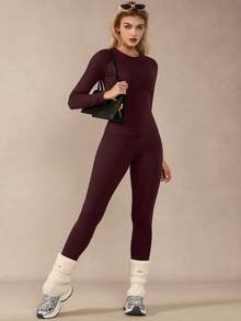 1 Set Women Stretchy Tight Thermal Lined Long Sleeve Top And Pants Activewear Set - Burgundy - View 2