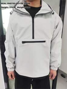 Men's Minimalist Fashion Casual Versatile Half-Zip Hoodie Jacket, Lightweight Hooded Black Long Sleeve Jacket For Outings, Suitable As Gift For Friends, Husbands, Boyfriends - Light Grey - View 9