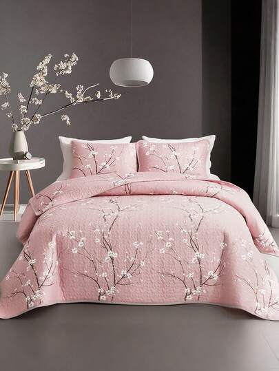 2/3PC Floral Printed Quilted Quilt 1PC Quilted Quilt + 1/2PCS Pillowcase Soft And Breathable Machine Washable Essential Items For The Bedroom Hypoallergenic Materials Soft Fabric Bedding Comfortable Bedspread Living In A Small Space Twin/Queen/King