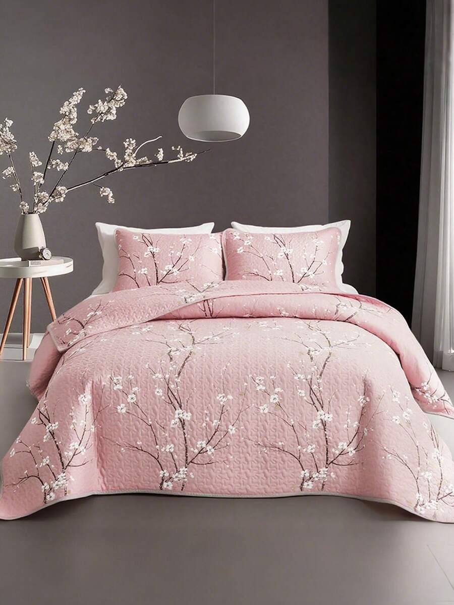 2/3PC Floral Printed Quilted Quilt 1PC Quilted Quilt + 1/2PCS Pillowcase Soft And Breathable Machine Washable Essential Items For The Bedroom Hypoallergenic Materials Soft Fabric Bedding Comfortable Bedspread Living In A Small Space Twin/Queen/King - 粉色 - 查看 1