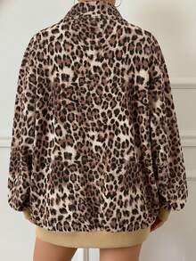 Plus Size Women Leopard Print Half Zip Loose Sweatshirt Casual Vacation Spring - Khaki - View 3