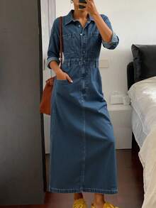 Livesso 女士翻领长袖牛仔连衣裙，下摆开衩