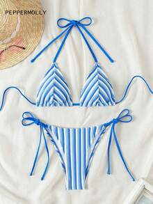 New Arrival Cute Toweling Halter Neck Backless Strap Bikini Set For Summer Beach - Blue - View 1