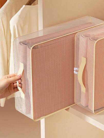 1pc Beige Transparent Mesh Fabric Foldable Zippered Wardrobe Drawer Storage Box, Dust-Proof Zippered Clothing Storage Container With Handle, Storage Organizer, Travel Essential