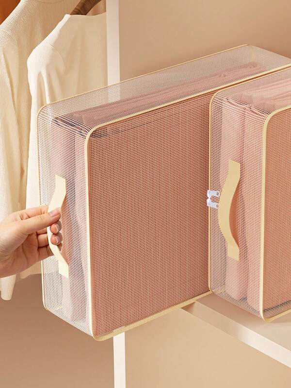 1pc Beige Transparent Mesh Fabric Foldable Zippered Wardrobe Drawer Storage Box, Dust-Proof Zippered Clothing Storage Container With Handle, Storage Organizer, Travel Essential