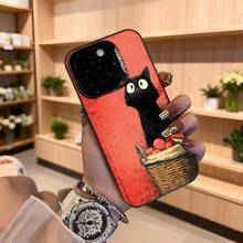 Cubierta de teléfono con diseño de gato negro y cesta de frutas color rojo para iPhone estilo vintage ideal para amantes de los animales y decoración floral Aplicable a los teléfonos de la serie Apple y Galaxy - Blanco - Ver 4