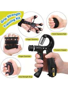5-Pcs Grip Strength Training Set (Silicone Finger Gripper, Grip Ball, Grip Ring) Gym Accessories-Adjustable Resistance Hand Grip Strengthener, Forearm Exerciser For Muscle Building And Athletic Grip Trainer, Hand Strengthener Tool Kit - 黑色 - 查看 2