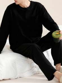 AICJ 2pcs Set Men Casual Loose Solid Color Crew Neck Pullover Sleepwear Pajama Set, Suitable For Halloween, Valentine's Day, New Year Gift