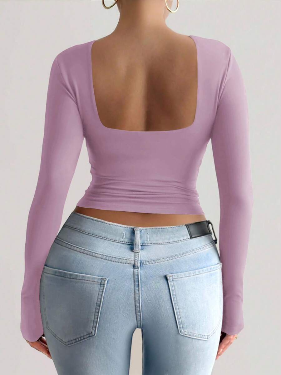 Blusa esportiva feminina Vaiaye de manga comprida, sexy e sem costas, ideal para o Natal, Ano Novo e Dia de Ação de Graças. Modelagem justa. - Roxa - Ver 1