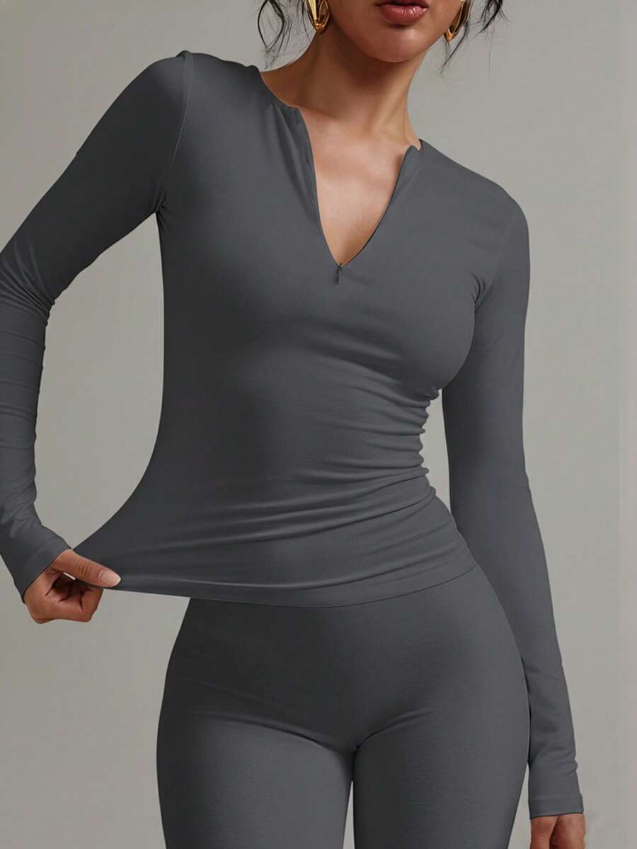 XLLAIS 女士秋冬时尚拉链领纯色紧身T恤，弹力休闲长袖运动上衣 - 深灰色 - 查看 1
