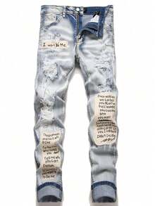 [comodín]Blue High Street Youth Stinger Clothing embroidery Hole elástico leggings Men 's jeans - Azul 726 - Ver 1