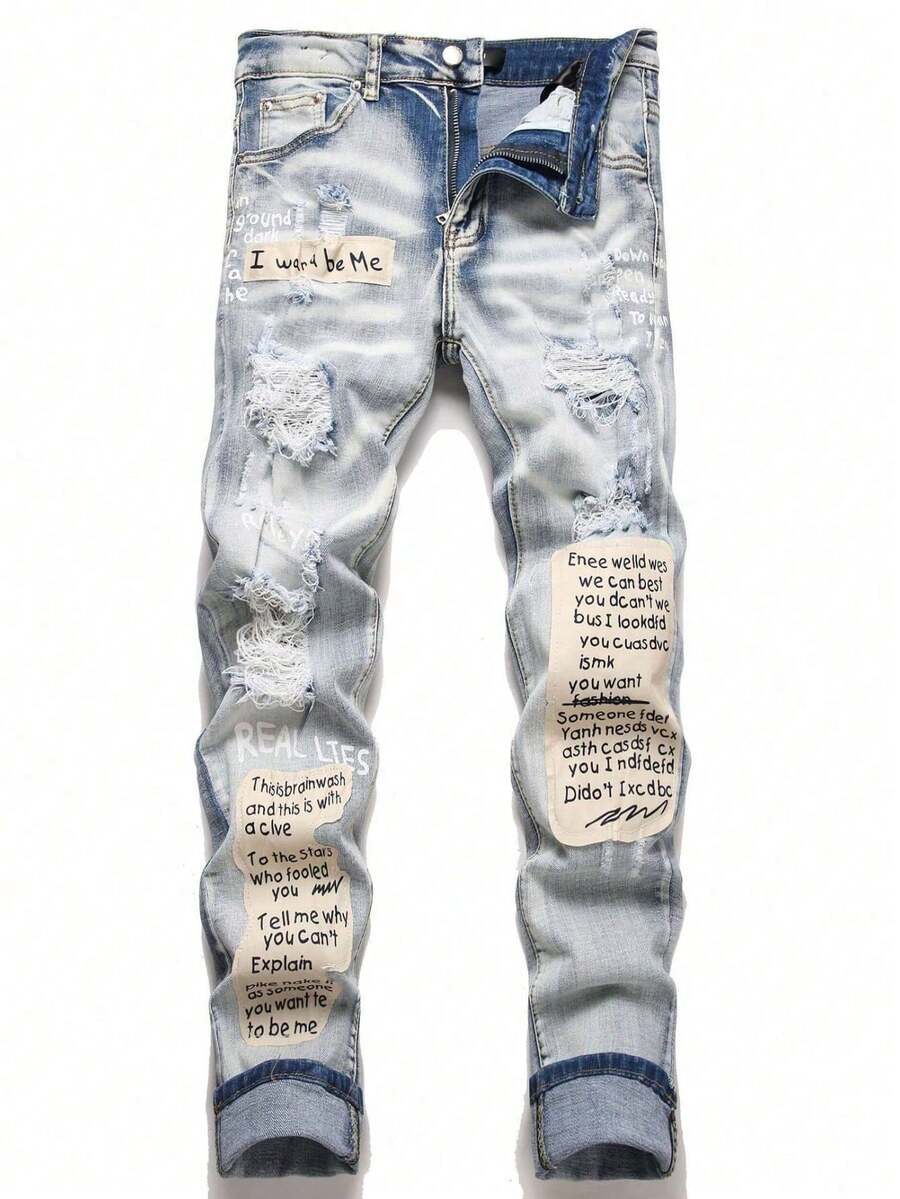 [comodín]Blue High Street Youth Stinger Clothing embroidery Hole elástico leggings Men 's jeans - Azul 726 - Ver 1