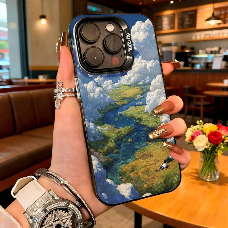 Cubierta de telefono con diseño de paisaje natural azul y verde con nubes y rios para iPhone 14 Pro Max estilo artístico ideal para uso diario en cafeterias y salones - Negro - Ver 1