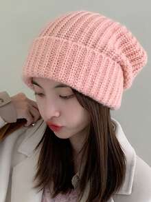 1pc Women's Knitted Beanie Hat, Thick Warm Casual Slouchy Hats, Versatile Solid Color Beanies For Autumn/Winter