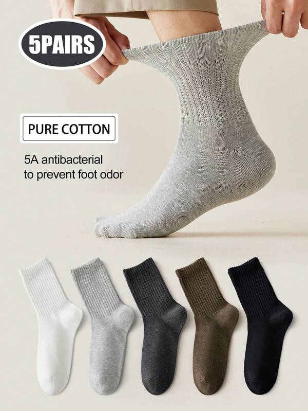5 Pairs/10 Pairs Men's Neutral Mid-Calf Socks, High Elasticity, Antibacterial & Odor-Resistant, Solid Black/White/Gray Simple Cotton Socks Suitable For Casual, Daily, And Business Wear