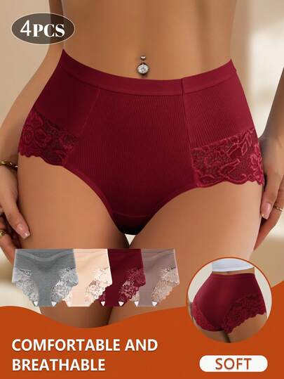 QUASTI 4pcs Women's Lace Design Sexy Briefs, Comfortable Soft Breathable Fabric, Elastic, Ideal Gift For Holidays