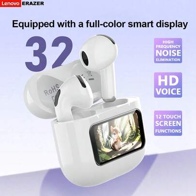  ERAZER Invested By Lenovo HT88 Trådlösa hörlurar med flera funktioner och pekskärm, Bluetooth 5.4 brusreducering med mikrofon, smart skärm, ABS/PC-material, lång batteritid, musik, sport, dubbelt spelläge, vita Bluetooth-hörlurar