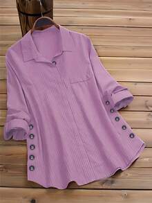 Long Sleeve Collared Shirt For Women Regular Fit Polyester Button Detail Blouse With Side Pockets - Baby Pink - View 4