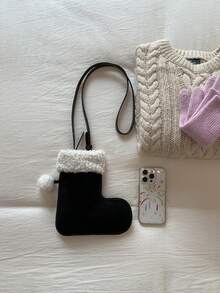 1 Peça Bolsa de Ombro Aberto com Patch de Pelúcia e Falso Camurça com Design de Bota para Meninas, Bolsa Transversal Adequada para Outono/Inverno, Festa de Natal