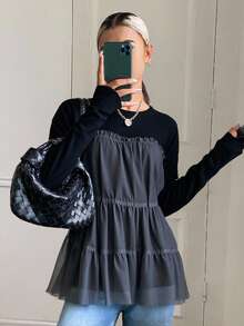 Livesso Women's Loose Fit Round Neck Long Sleeve Black Patchwork Sheer Mesh Fabric Casual T-Shirt, Versatile For Autumn/Winter - Black - View 3
