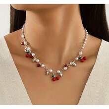 Sweet Cherry Pendant Necklace For Women, Unique Faux Pearl Heart Bead Chain, Clavicle Chain - 01金色 - 查看 7