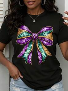 Mardi Gras Sequin Bow T Shirt Women White Purple Green Gold Party Celebration Top - 黑色 - 查看 1