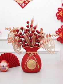 1件人造风水柑橘盆栽，客厅家居装饰，新年庆祝，婚礼乔迁，招财植物摆件 - 紅色 - 查看 2