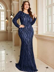 XUIBOL 高品质弹力优雅亮片拼接超修身加大码圆领晚宴约会婚礼派对生日周年纪念家庭鸡尾酒会正式晚宴婚礼宾客单身派对假日夏季秋季V领短袖优雅奢华新娘母亲礼服（重工刺绣） - 藏蓝色 - 查看 2