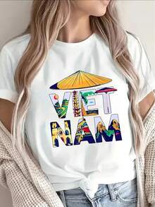 Unisex Women's Vietnam Travel Pattern T-Shirt - Lightweight Short Sleeve Round Neck T-Shirt, Printed With Hanoi, Ho Chi Minh City, Ocean Bay, Vietnamese Cultural. Art - All-Season Casual Shirt, Suitable For Beach, Restaurant Daily Outings - Durable  Top - 黑色 - 查看 6